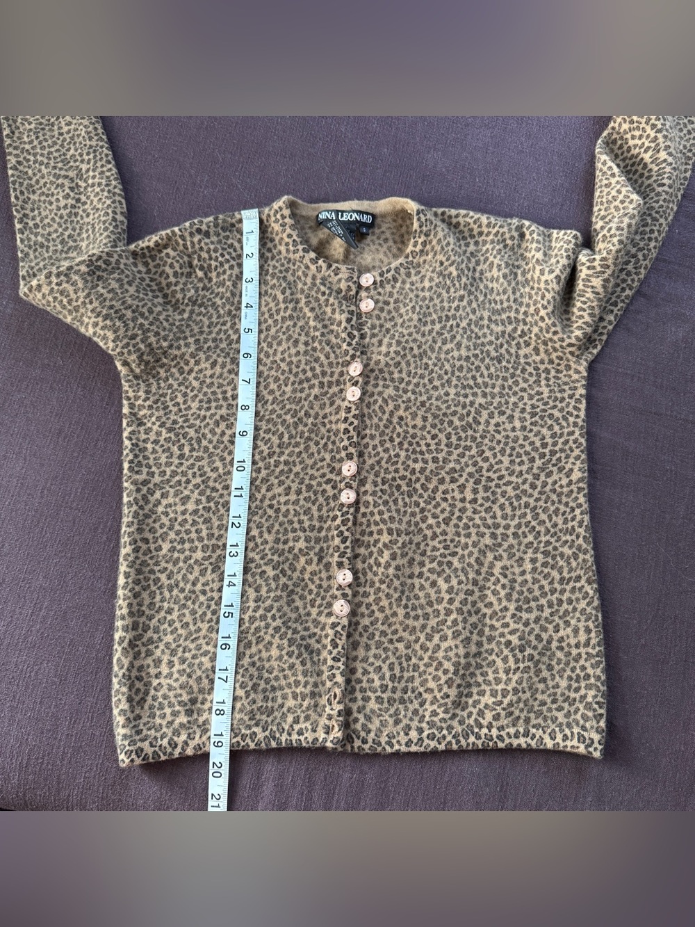 Vintage Nina Leonard Lambswool Angora Leopard Print Small Fit Cardigan S Button - Picture 7 of 7
